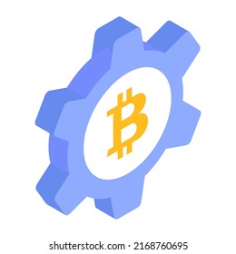 Gear and bitcoin, isometric icon of crypto process 

