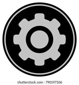 Gear black coin icon. Vector style is a flat coin symbol using black and light gray colors.