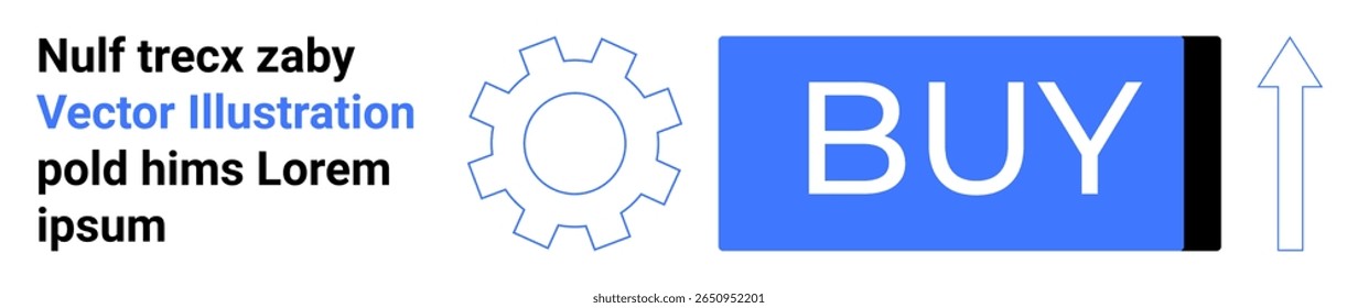 Engrenagem, botão BUY azul e seta para cima. Ideal para e-commerce, marketing digital, vendas on-line, interface do usuário, compras, design de site, otimização de conversão. Página inicial