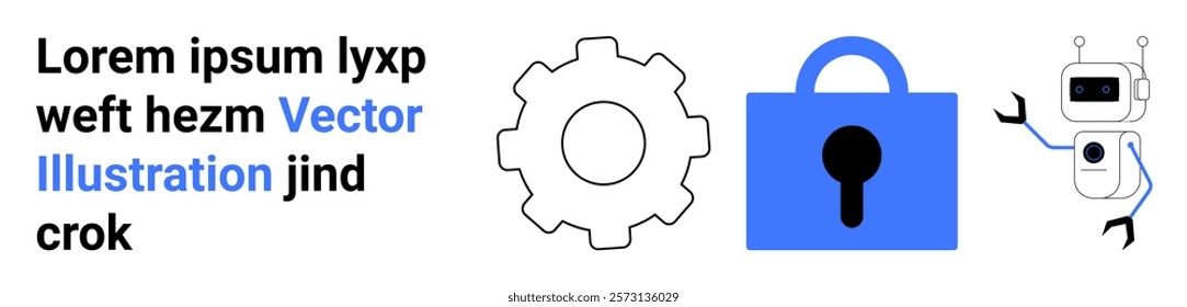 Gear, blue lock, and cheerful robot next to placeholder text. Ideal for security themes, technology, automation, robotics, and web design. Banner for landing page