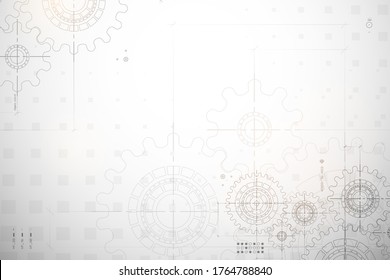 Gear blueprint technical background. Cogs and wheels in gray color. Abstract parts of engine. Vector illustration.