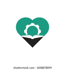 Plantilla de diseño del logotipo del concepto de forma cardiaca del libro de engranajes. Diseño del logotipo del libro y del equipo