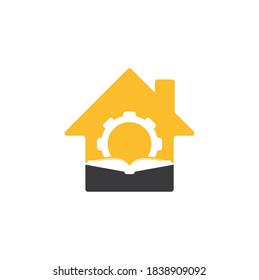 Gear Book home shape concept logo design template. Book and gear logo design