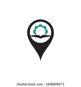 Gear Book map pin shape concept logo design template. Book and gear logo design