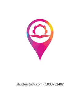 Gear Book map pin shape concept logo design template. Book and gear logo design