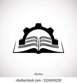 Gear book vector logo design. Suitable for business, industry, education. Book with gear logo template illustration. Icon in black flat style isolated on white background,