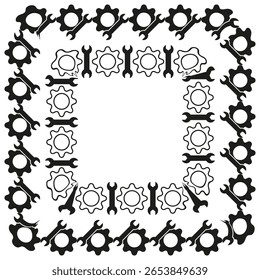Gear border frame. Butterfly cogwheel decoration. Mechanical nature pattern. Vector engineering art.
