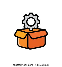 Gear in a box cartoon icon drawing, concept of a product or machinery ready to be delivered to the customer. Simple vector illustration, editable stroke.