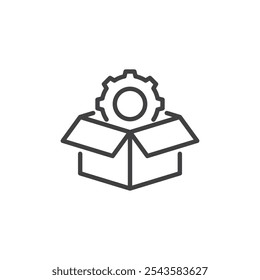 Gear in Box line icon. linear style sign for mobile concept and web design. Gear inside a box outline vector icon. Package settings symbol, logo illustration. Vector graphics