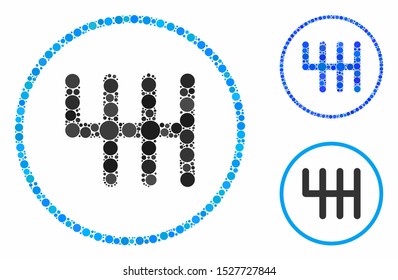Gear box mosaic of circle elements in various sizes and color tints, based on gear box icon. Vector circle elements are grouped into blue illustration. Dotted gear box icon in usual and blue versions.