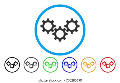 Gear Box vector rounded icon. Image style is a flat gray icon symbol inside a blue circle. Additional color variants are grey, black, blue, green, red, orange.