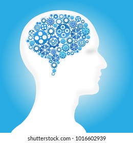 Gear brain human in blue layer background as technology, industry, cogs representing and thinking mind concept.