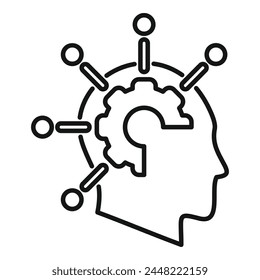 Vector de contorno de ícono de solución cerebral de engranaje. Pictograma mental. Plan de cognición problemática