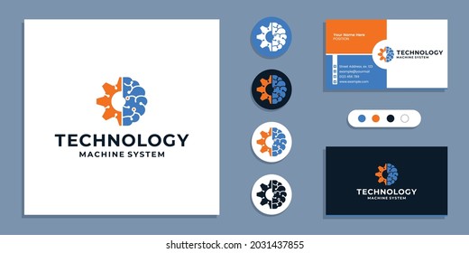 Gear with brain technology logo and business card design template