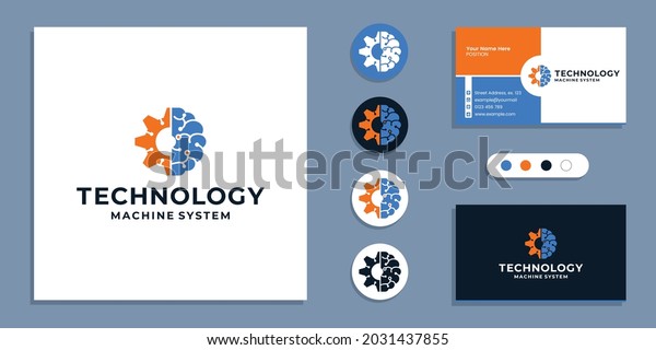 Gear with brain technology logo and business\
card design template