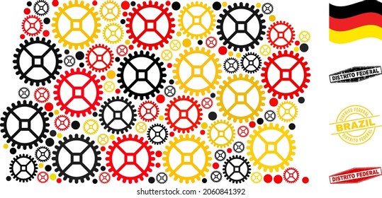 Gear Brazil Distrito Federal map composition and stamps. Vector collage is formed of repair workshop elements in various sizes, and German flag official colors - red, yellow, black.
