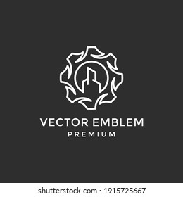 Logotipo de la línea de construcción de engranajes Vector industrial Símbolos material Vector de fondo negro