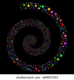 Gear burst vortex spiral. Vector bright multicolored scattered pictograms.