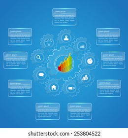 Gear with Business Icons and Text Information on Glowing Dialog Box, Graph/Chart Going Up, Blue Abstract Background, Business Infographics, Vector Illustration.