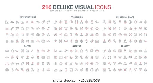 Gear in business and industrial process, startup launch and project development, labor safety line icon set. Equipment for worker protection thin black and red outline symbols vector illustration