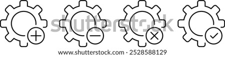 Gear and button with a cross, plus, minus and tick sign. Editable Stroke. Vector illustration