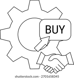 A gear with a BUY button arrow and handshake depicted in a line art style