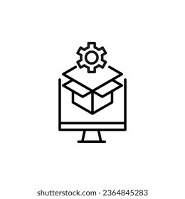 Gear by Open Box on Computer Monitor Isolated Line Icon. Perfect for web sites, apps, UI, internet, shops, stores. Simple image drawn with black thin line
