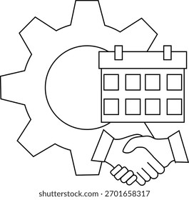 El calendario de engranajes y el apretón de manos se colocan centralmente en una ilustración en blanco y negro