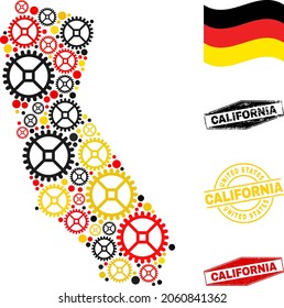 Gear California State map collage and stamps. Vector collage is designed of repair workshop elements in variable sizes, and Germany flag official colors - red, yellow, black.