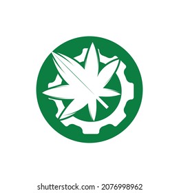 Design des Vektorlogos von Getriebe und Cannabis. Logo-Konzept der Cannabidiol-Industrie.	
