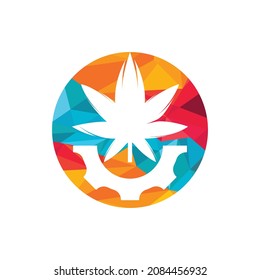 Design des Vektorlogos von Getriebe und Cannabis. Logo-Konzept der Cannabidiol-Industrie.	

