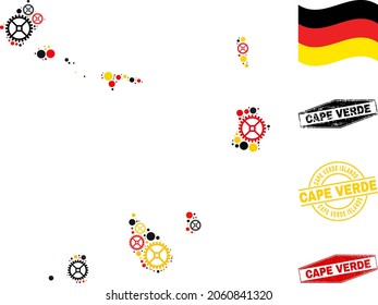 Gear Cape Verde Islands map collage and stamps. Vector collage is composed from cog elements in different sizes, and Germany flag official colors - red, yellow, black.