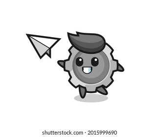 gear cartoon character throwing paper airplane , cute style design for t shirt, sticker, logo element