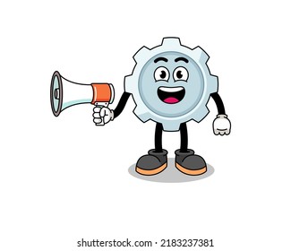 gear cartoon illustration holding megaphone , character design