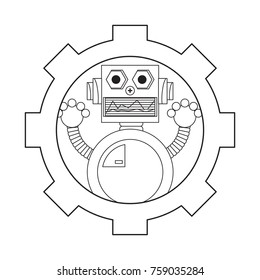 gear with cartoon robot icon over white background black and white design vector illustration