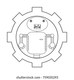 gear with cartoon robot icon over white background black and white design vector illustration