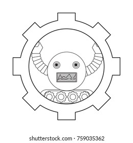 gear with cartoon robot icon over white background black and white design vector illustration