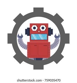 gear with cartoon robot icon over white background colorful design vector illustration