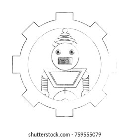 gear with cartoon robot icon over white background black and white design vector illustration