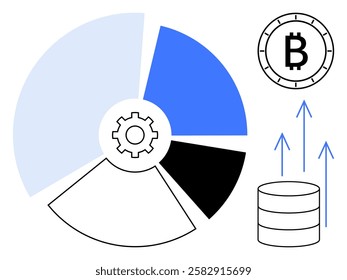 Gear at center of a pie chart, Bitcoin coin, rising arrows, and stacked coins. Ideal for cryptocurrency growth, financial data analysis, investment trends, blockchain technology, fintech