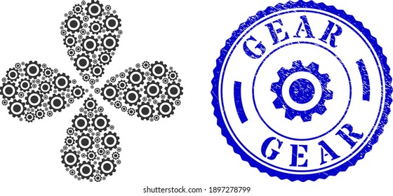 Gear centrifugal abstract flower, and blue round GEAR unclean stamp with icon inside. Element centrifugal explosion combined from oriented gear items. Vector flower collage in flat style.