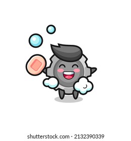 personaje de equipo está bañándose mientras sostiene jabón , diseño de estilo lindo para camiseta, pegatina, elemento logo
