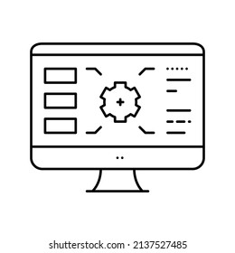 características del engranaje en el vector de icono de la línea de pantalla del ordenador. características del engranaje en el signo de pantalla del ordenador. símbolo de contorno aislado ilustración negra