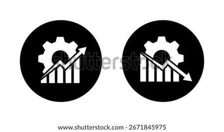 Gear and chart icon in black circle. Business growth and decline symbol. Productivity performance concept