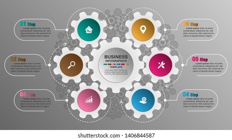 Gear chart infographic template with 6 options for presentations.