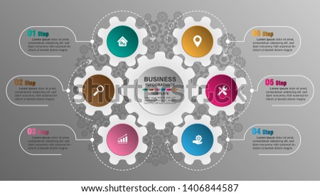 Gear chart infographic template with 6 options for presentations.