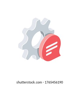 Gear chat bubble. Vector 3d isometric, color web icon, new flat style. Creative illustration design, isolated graphic idea for infographics.