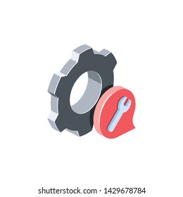 Gear chat service, settings. Vector 3d isometric color icon new flat style. Creative illustration, idea for infographics.