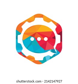 Plantilla de diseño del logotipo del vector del chat de engranajes. Logo del vector de chat de burbujas de engranajes.	