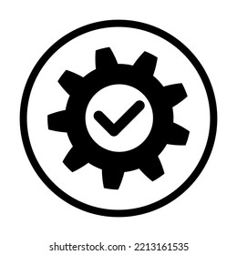 Engranaje con el icono de círculo de protección en plano. Símbolo de proceso exitoso aislado en el signo de éxito blanco con signo de actualización de código, tecnología, motor en la ilustración de vector negro para diseño gráfico, Web, UI, aplicación.